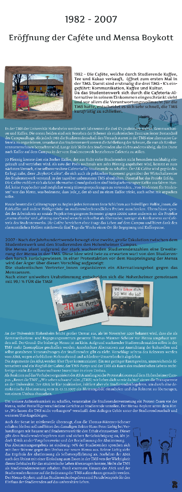 Infotafel zur Geschichte der studentischen Cafete und des Mensa-Boykotts (1982–2007) an der Universität Hohenheim. Sie beschreibt die Gründung der selbstverwalteten Cafete, ihren Einsatz für nachhaltigen und fairen Kaffeeverkauf sowie die erfolgreichen Proteste gegen den Umbau der Thomas-Müntzer-Scheuer zur Mensa im Jahr 2007.
