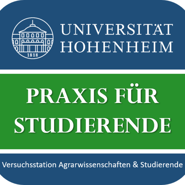 App-Icon der Universität Hohenheim mit dem Logo der Universität und der Aufschrift „Praxis für Studierende“. Darunter steht „Versuchsstation Agrarwissenschaften & Studierende“. Der Hintergrund ist blau und grün.