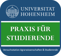 App-Icon der Universität Hohenheim mit dem Logo der Universität und der Aufschrift „Praxis für Studierende“. Darunter steht „Versuchsstation Agrarwissenschaften & Studierende“. Der Hintergrund ist blau und grün.