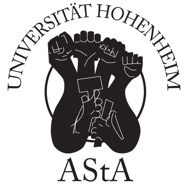 Logo des Allgemeinen Studierendenausschusses (AStA) der Universität Hohenheim: Schwarzes Wappen mit stilisierter Faust und Symbolen in der Mitte, darüber der Schriftzug ‚Universität Hohenheim‘, darunter ‚AStA‘.