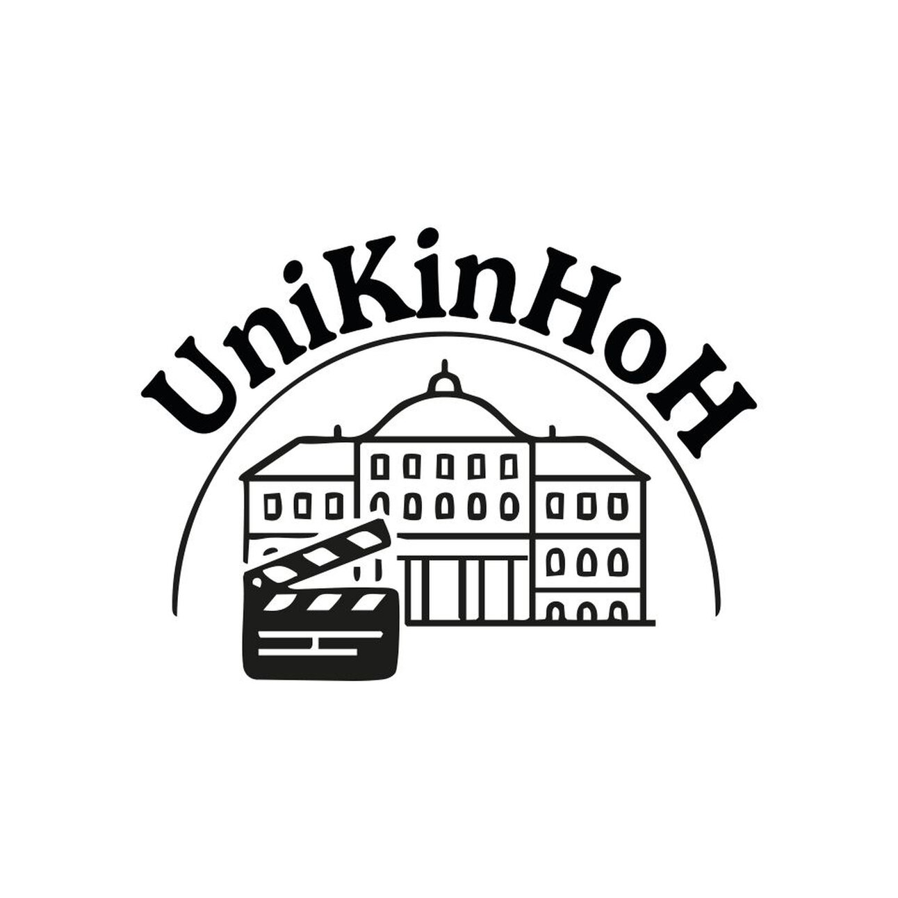 Illustration: Das Logo zeigt ein stilisiertes Gebäude mit Kuppeldach und eine Filmklappe. Darüber steht der Text 'UniKinHoH'.