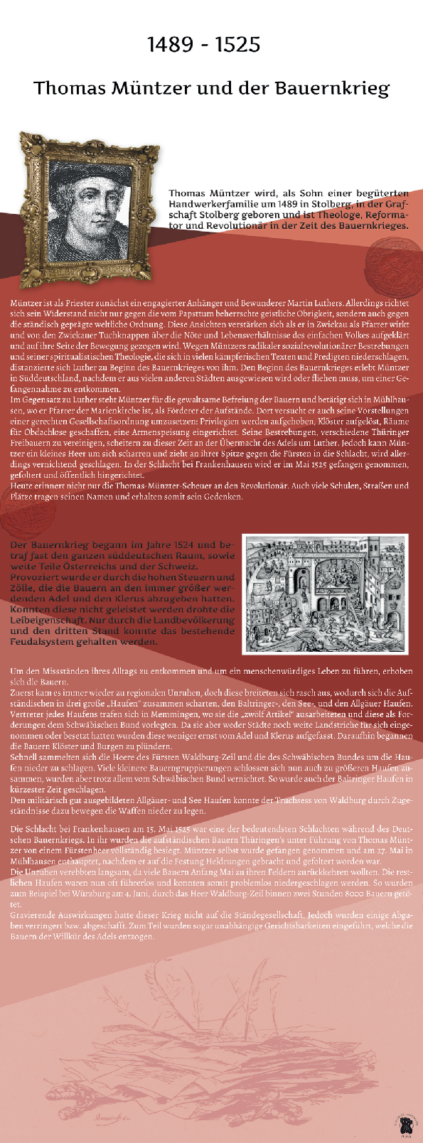 Infografik über Thomas Müntzer (1489–1525) und den Deutschen Bauernkrieg. Sie zeigt ein historisches Porträt Müntzers sowie eine historische Illustration. Der Text beschreibt seine Rolle als Theologe und Anführer der Bauern, die Ursachen und den Verlauf des Bauernkriegs sowie seine Gefangennahme und Hinrichtung nach der Schlacht bei Frankenhausen.