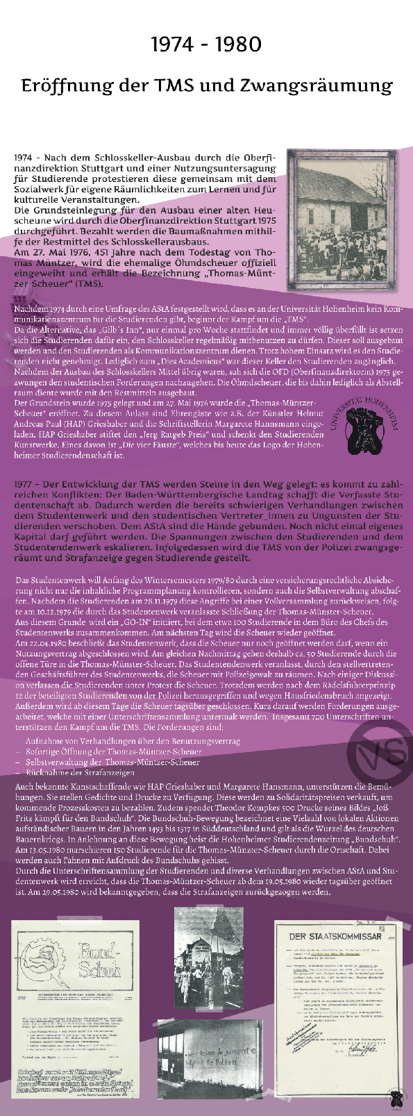 Infografik über die Thomas-Müntzer-Scheuer (TMS) von 1974 bis 1980. Sie zeigt historische Fotografien und Dokumente zur Eröffnung der TMS sowie zur späteren Zwangsräumung. Der Text beschreibt den Einsatz der Studierenden für ein selbstverwaltetes Kommunikationszentrum, die Konflikte mit Universität und Studentenwerk sowie die Wiedereröffnung der TMS nach Protesten.