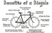 Illustration: Eine Infografik zeigt die Vorteile des Fahrradfahrens. Zu den Vorteilen gehören: keine Emissionen, langsamerer Klimawandel, Umgehung von Staus, starke Beine, keine Kosten für Benzin oder Versicherung, leise Fortbewegung, schneller als Gehen, und das Gefühl des Fliegens.