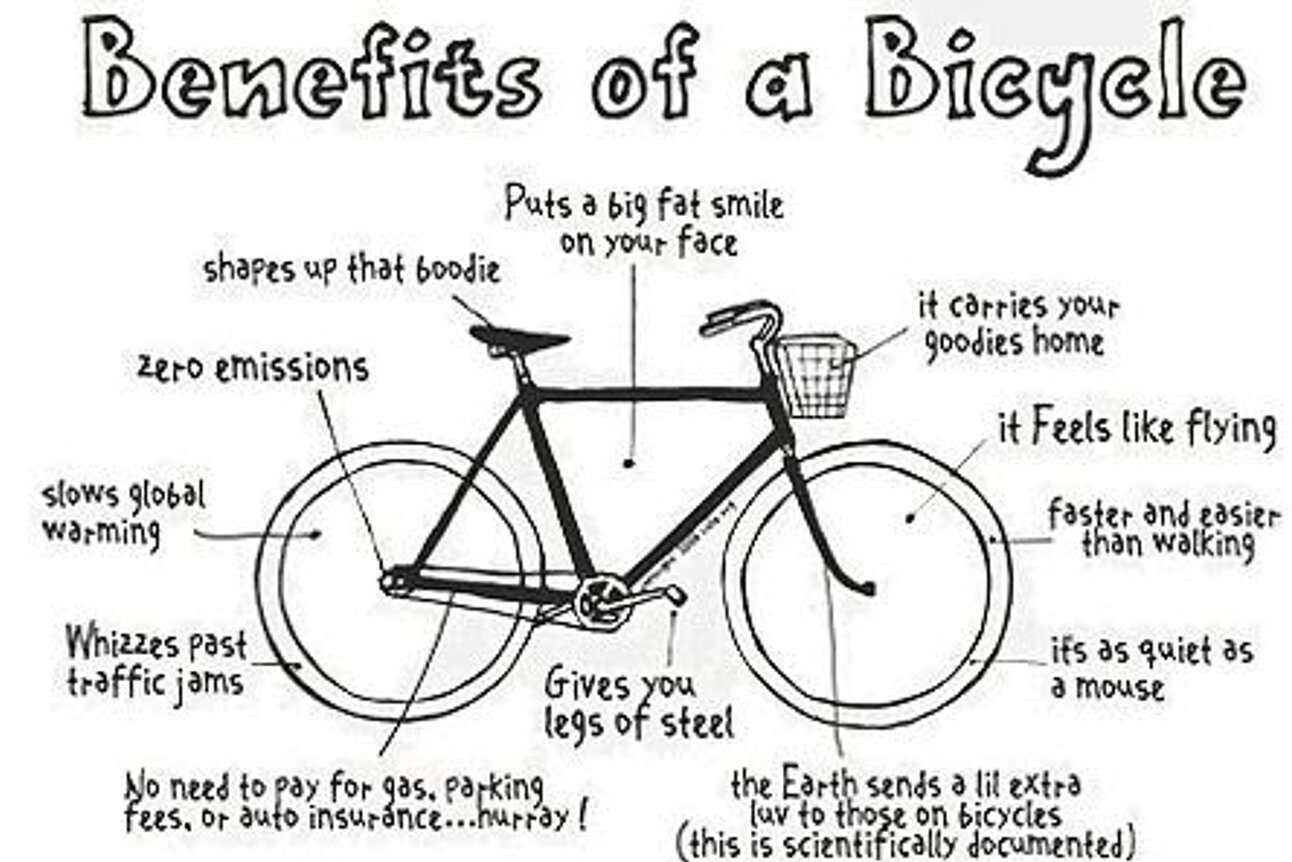 Illustration: Eine Infografik zeigt die Vorteile des Fahrradfahrens. Zu den Vorteilen gehören: keine Emissionen, langsamerer Klimawandel, Umgehung von Staus, starke Beine, keine Kosten für Benzin oder Versicherung, leise Fortbewegung, schneller als Gehen, und das Gefühl des Fliegens.