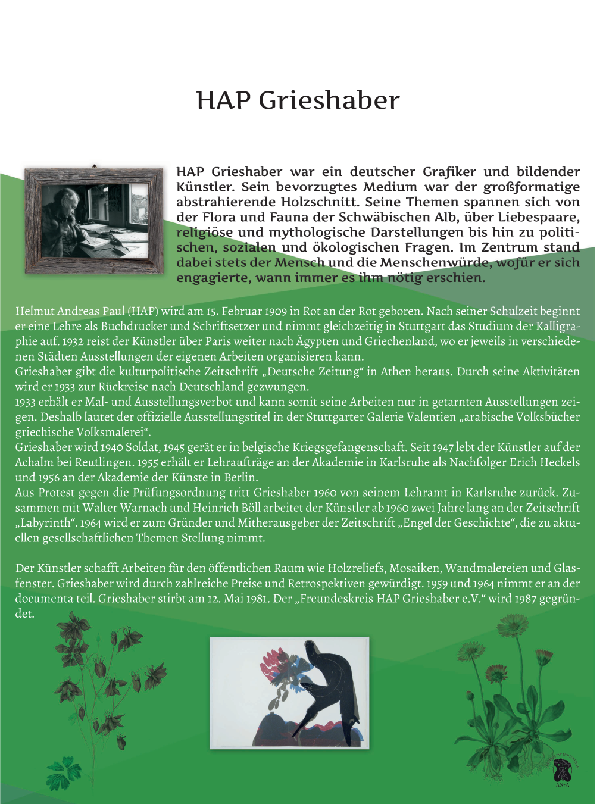 Infografik über den Künstler HAP Grieshaber. Sie zeigt ein Porträt des Grafikers sowie ein Beispiel seiner Kunst. Der Text beschreibt seinen Lebensweg, seine Arbeit als Holzschneider und sein gesellschaftliches Engagement sowie seinen Einsatz für Menschenwürde, soziale und politische Themen.