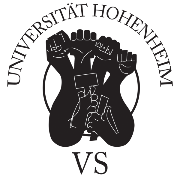 Logo der Verfassten Studierendenschaft der Universität Hohenheim. Es zeigt den Schriftzug „Universität Hohenheim“ über mehreren erhobenen Fäusten, die verschiedene Gruppen der Studierendenschaft symbolisieren.