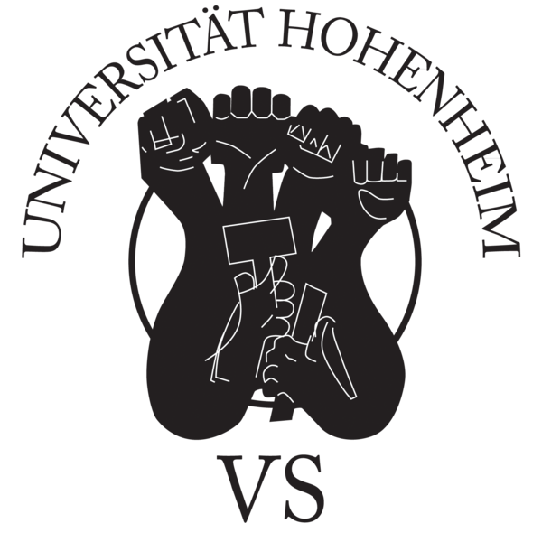 Logo der Verfassten Studierendenschaft der Universität Hohenheim. Es zeigt den Schriftzug „Universität Hohenheim“ über mehreren erhobenen Fäusten, die verschiedene Gruppen der Studierendenschaft symbolisieren.