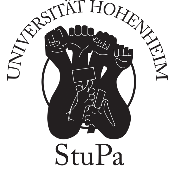 ogo des Studierendenparlaments (StuPa) der Universität Hohenheim: Schwarzes Wappen mit stilisierter Faust und Symbolen in der Mitte, darüber der Schriftzug ‚Universität Hohenheim‘, darunter ‚StuPa‘.