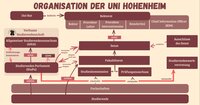 Schematische Darstellung der Organisationsstruktur der Uni Hohenheim. Gezeigt werden die Beziehungen zwischen Uni-Rat, Rektorat, Senat, Fakultätsrat sowie Studien- und Prüfungsgremien. Links ist die Verfasste Studierendenschaft mit Studierendenparlament (StuPa) und AStA dargestellt. Studierende wählen oder entsenden Vertretungen in verschiedene universitäre Gremien. Pfeile verdeutlichen Aufsichts-, Wahl- und Entsendungsbeziehungen.