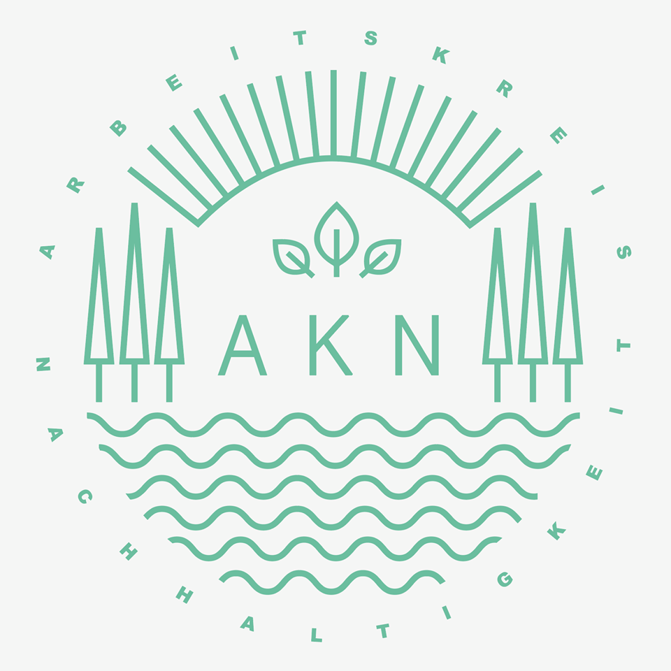 Logo des Arbeitskreises Nachhaltigkeit (AKN) der Universität Hohenheim. Es zeigt stilisierte Bäume, Wellen und Blätter sowie den Schriftzug „AKN“, umgeben vom kreisförmigen Schriftzug „Arbeitskreis Nachhaltigkeit“.
